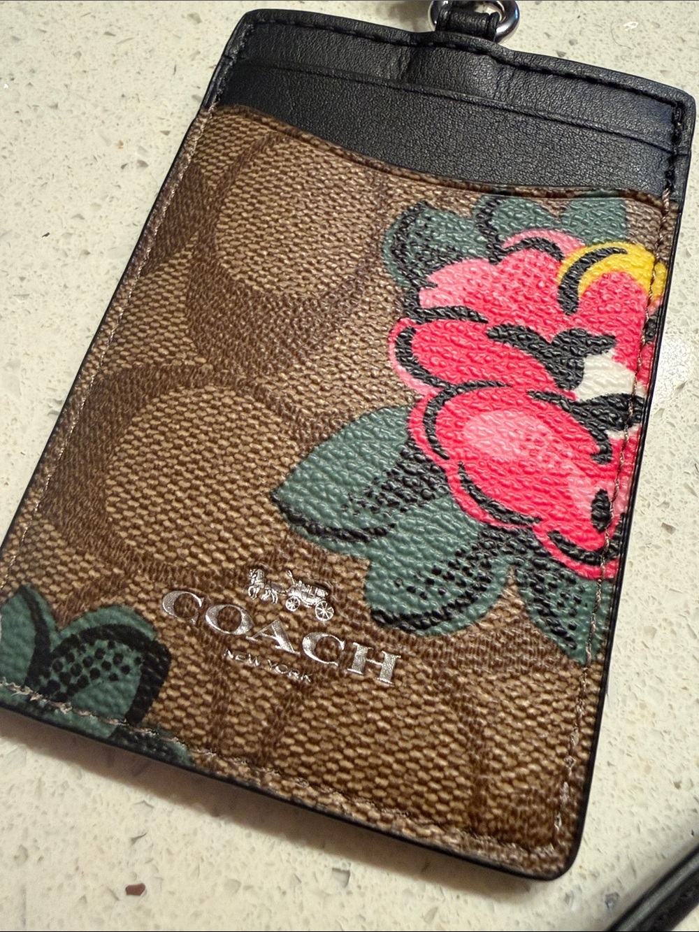 Coach Brown Signature Floral Card Holder Lanyard with Pink Bloom - Picture 2 of 5